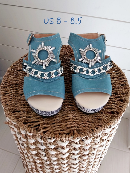 SHEIN Shoes - Shein fancy Denim newsprint wedge sandals, 8 - 8.5 (39) New...GREAT price!